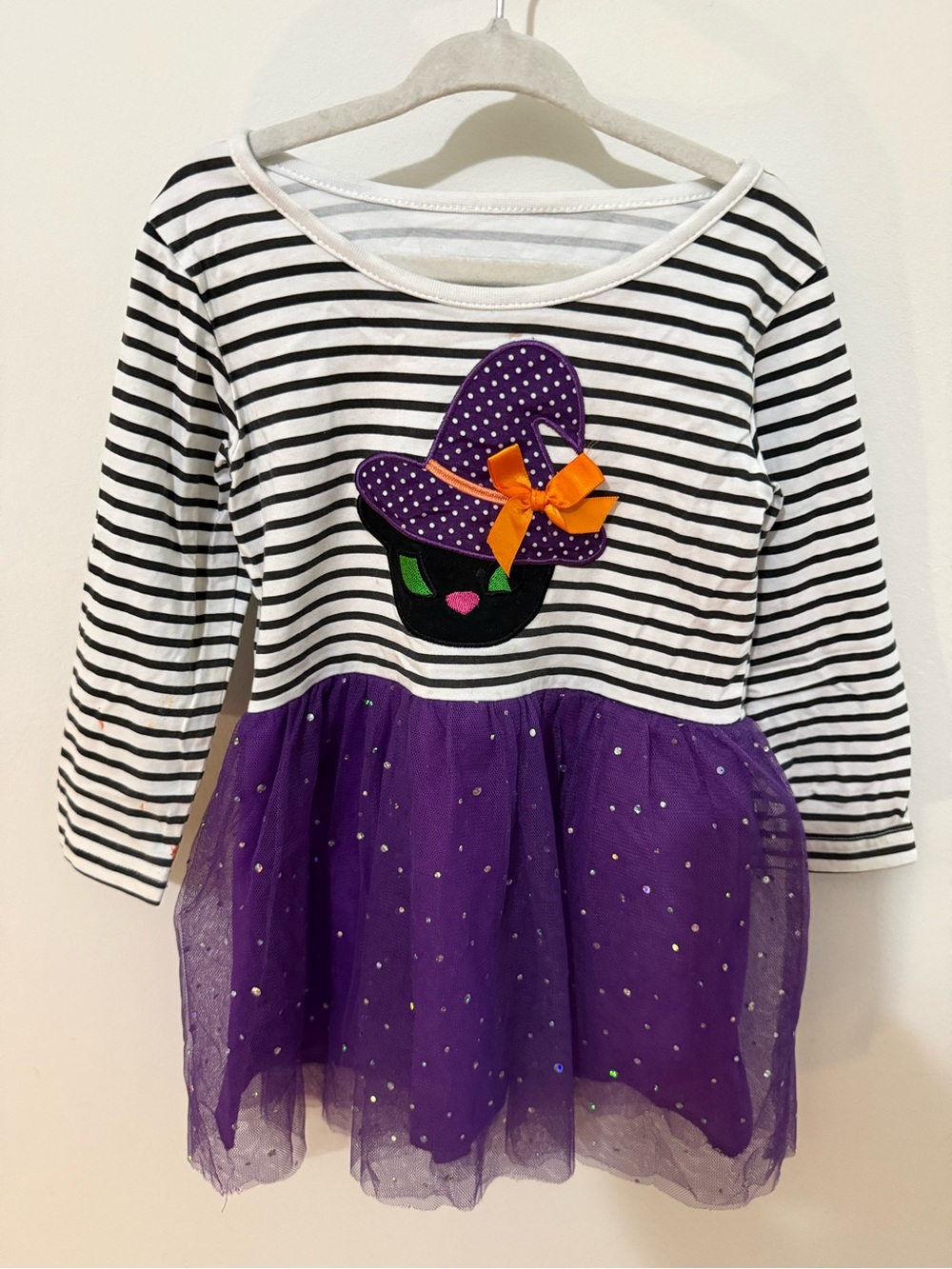 Striped Black & White Halloween Cat Tutu Dress with Purple Skirt